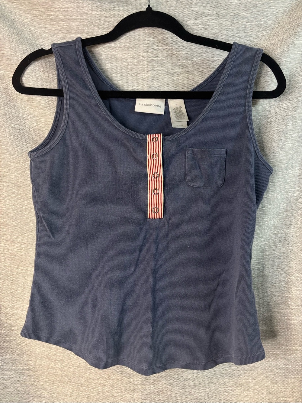 Liz Claiborne Navy Blue Tank with Striped Button Placket